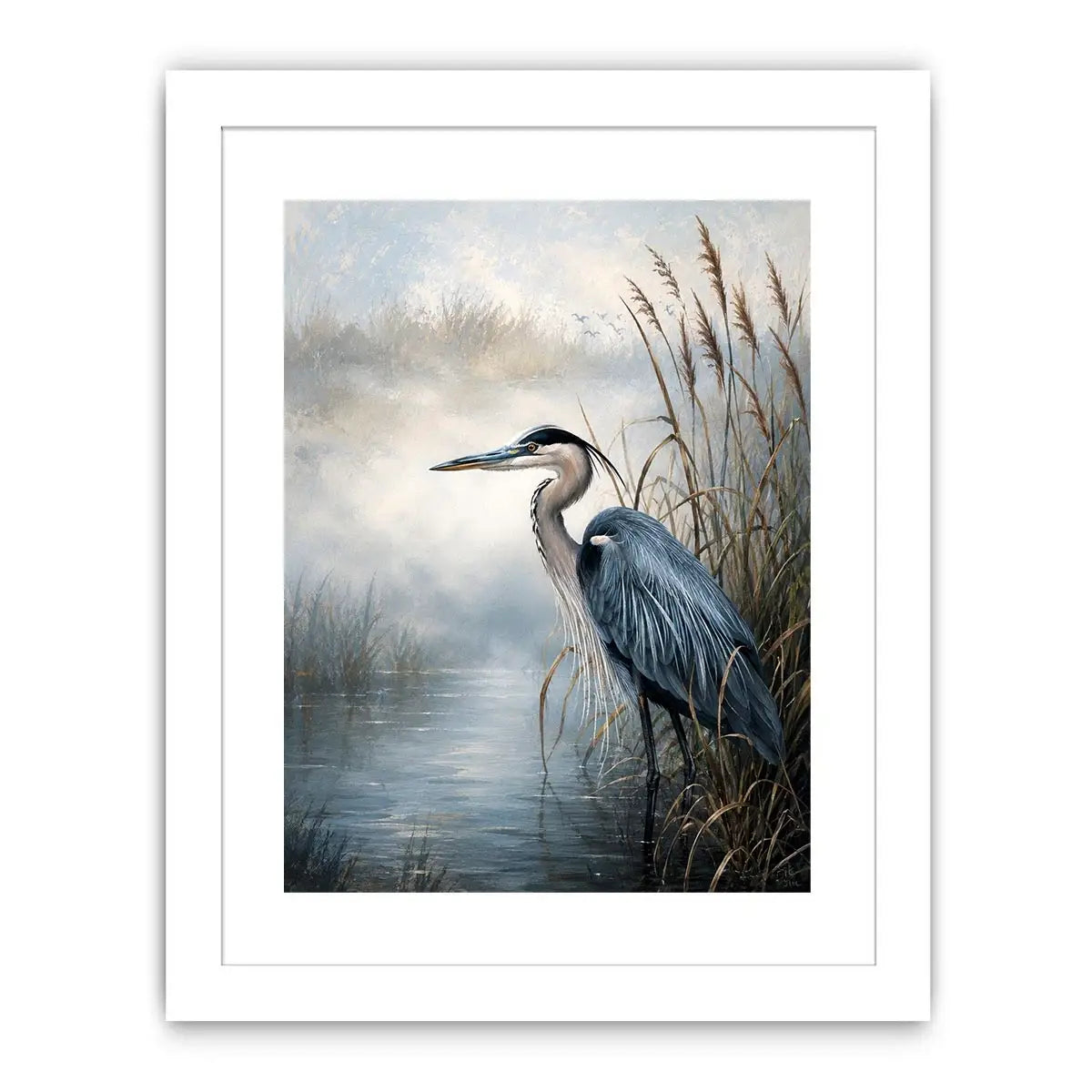 Minimalist blue heron marsh wall art with soft coastal reeds and serene neutral tones for modern luxury interiors