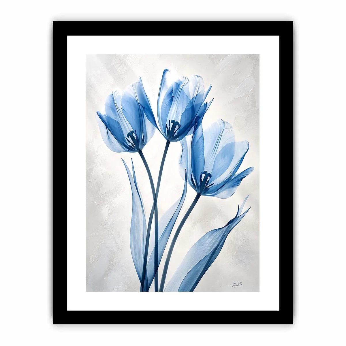 Minimalist blue tulip floral wall art with soft airy petals and elegant modern botanical design for luxury interiors