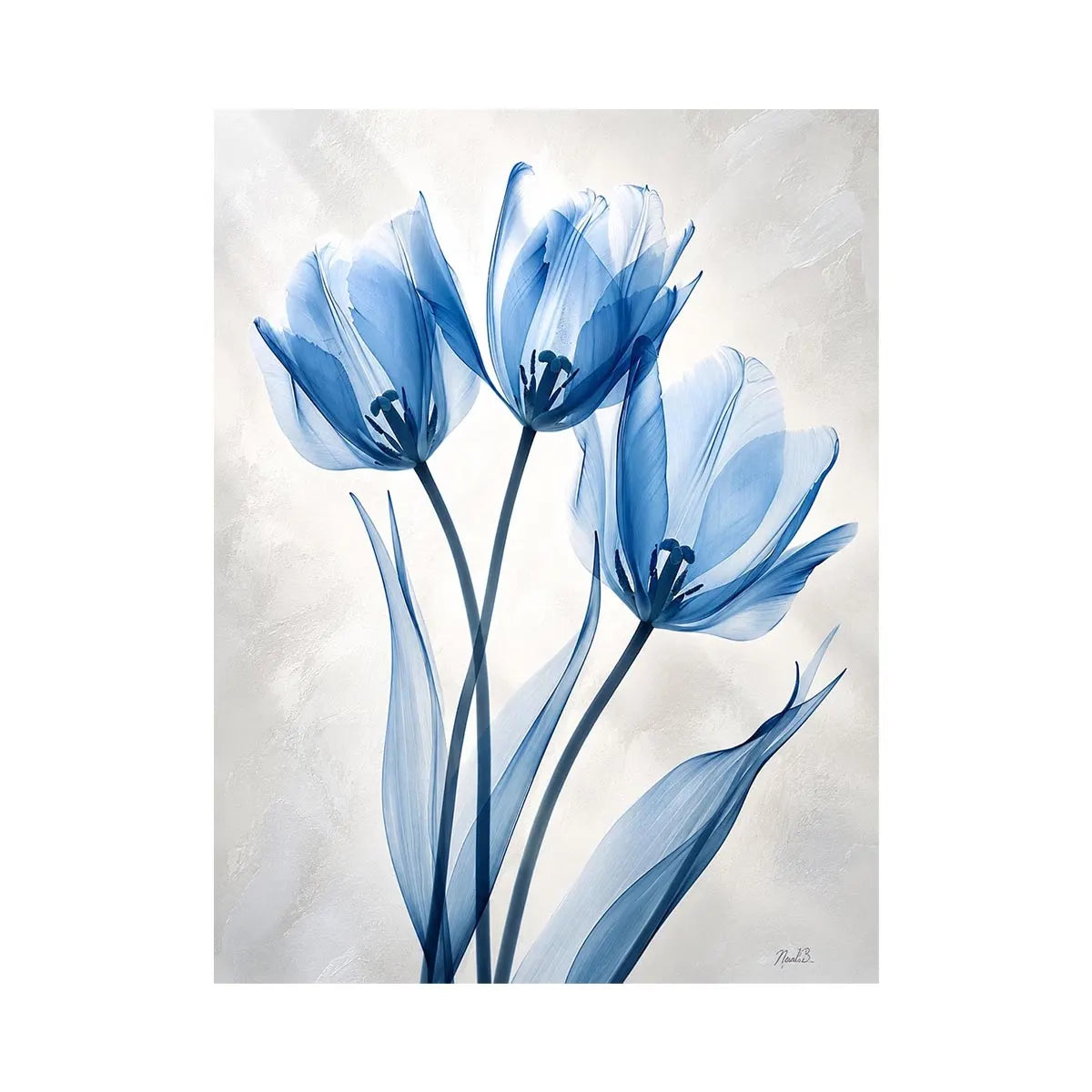 Minimalist blue tulip floral wall art with soft airy petals and elegant modern botanical design for luxury interiors