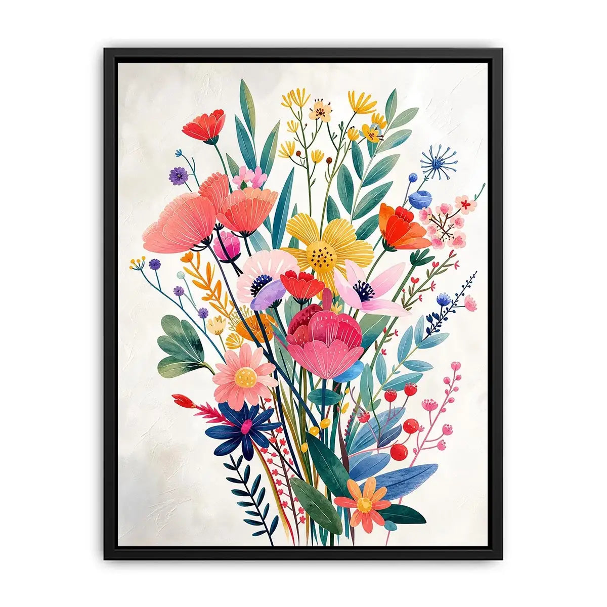 Colorful modern wildflower bouquet wall art with pastel botanical flowers and whimsical floral illustration for bright interiors