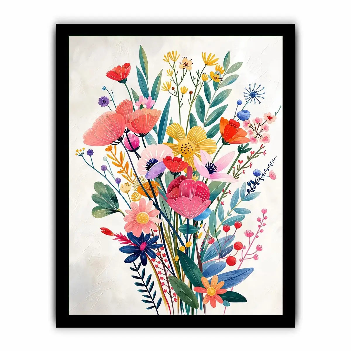 Colorful modern wildflower bouquet wall art with pastel botanical flowers and whimsical floral illustration for bright interiors