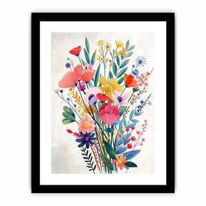 Colorful modern wildflower bouquet wall art with pastel botanical flowers and whimsical floral illustration for bright interiors