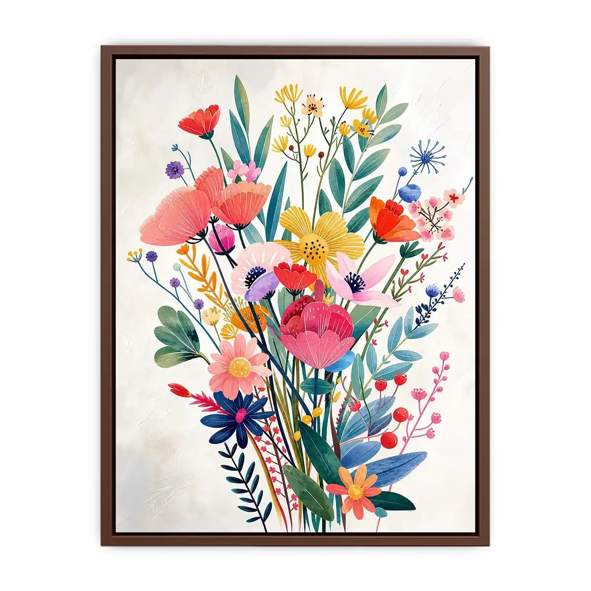 Colorful modern wildflower bouquet wall art with pastel botanical flowers and whimsical floral illustration for bright interiors