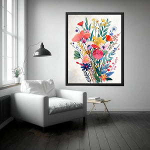 Colorful modern wildflower bouquet wall art with pastel botanical flowers and whimsical floral illustration for bright interiors