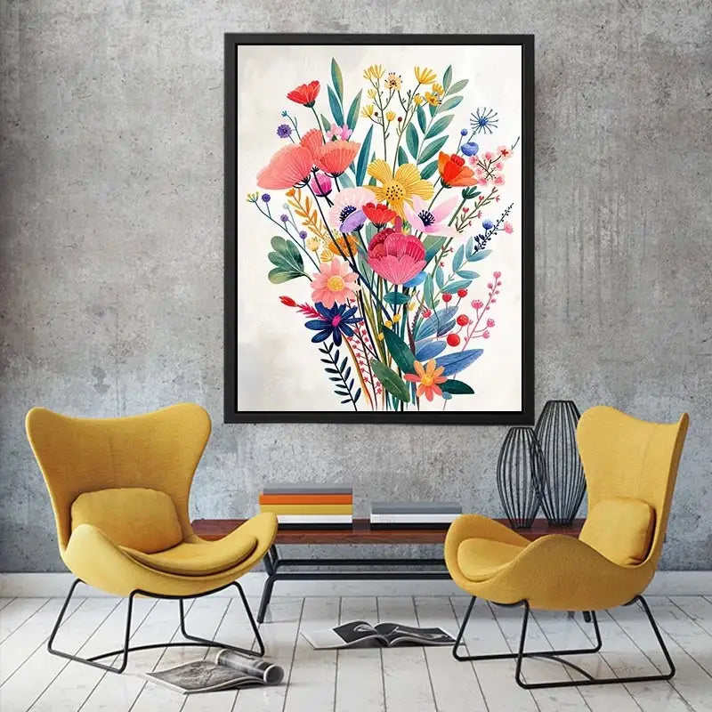 Colorful modern wildflower bouquet wall art with pastel botanical flowers and whimsical floral illustration for bright interiors