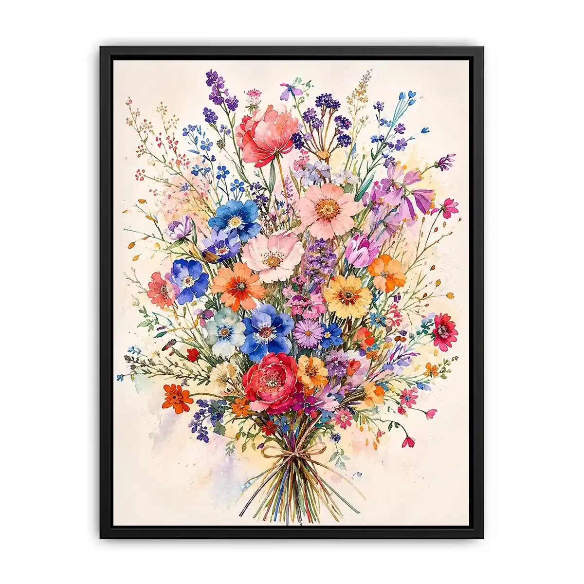 Colorful watercolor wildflower bouquet wall art with delicate pastel blooms and airy botanical illustration for modern interiors