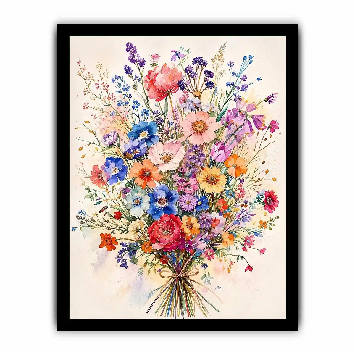 Colorful watercolor wildflower bouquet wall art with delicate pastel blooms and airy botanical illustration for modern interiors