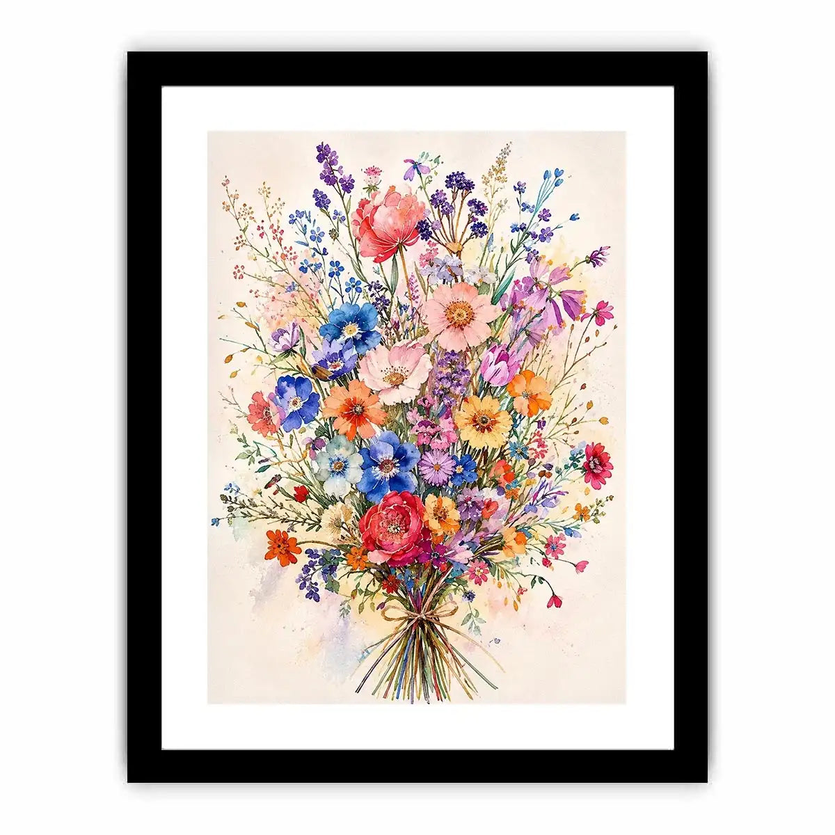 Colorful watercolor wildflower bouquet wall art with delicate pastel blooms and airy botanical illustration for modern interiors