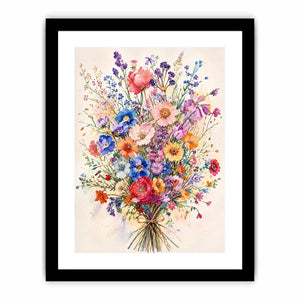 Colorful watercolor wildflower bouquet wall art with delicate pastel blooms and airy botanical illustration for modern interiors