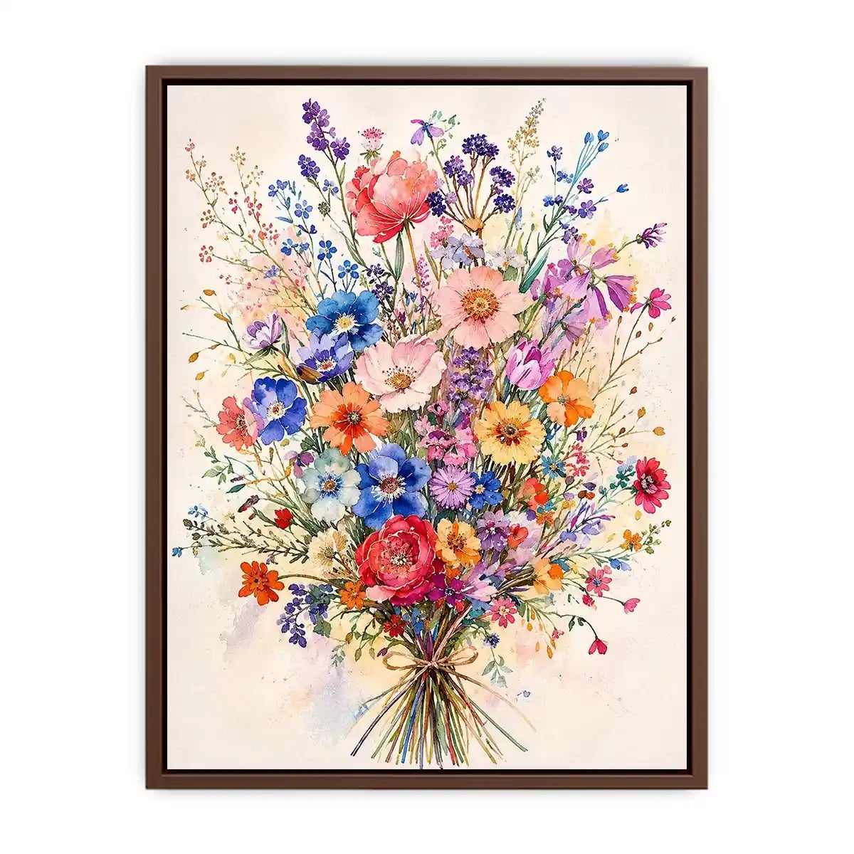 Colorful watercolor wildflower bouquet wall art with delicate pastel blooms and airy botanical illustration for modern interiors