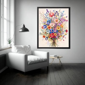 Colorful watercolor wildflower bouquet wall art with delicate pastel blooms and airy botanical illustration for modern interiors