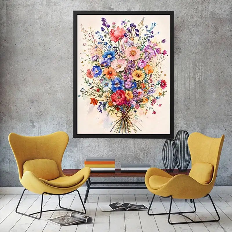 Colorful watercolor wildflower bouquet wall art with delicate pastel blooms and airy botanical illustration for modern interiors