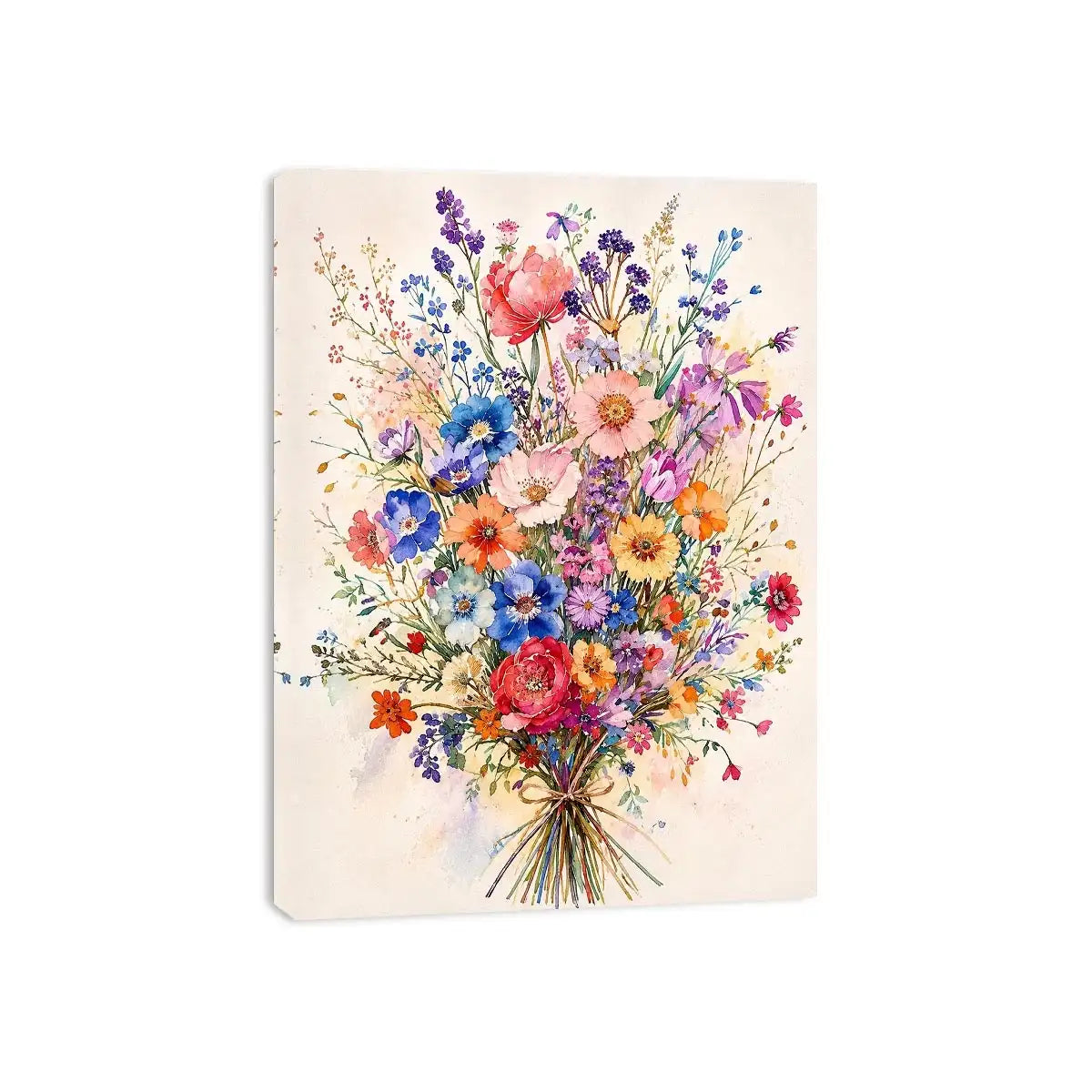 Colorful watercolor wildflower bouquet wall art with delicate pastel blooms and airy botanical illustration for modern interiors