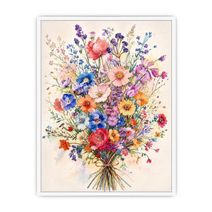 Colorful watercolor wildflower bouquet wall art with delicate pastel blooms and airy botanical illustration for modern interiors