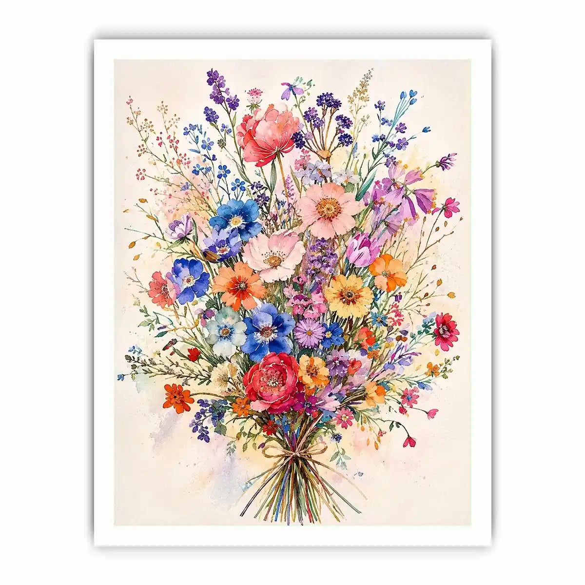 Colorful watercolor wildflower bouquet wall art with delicate pastel blooms and airy botanical illustration for modern interiors