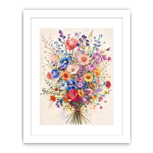 Colorful watercolor wildflower bouquet wall art with delicate pastel blooms and airy botanical illustration for modern interiors