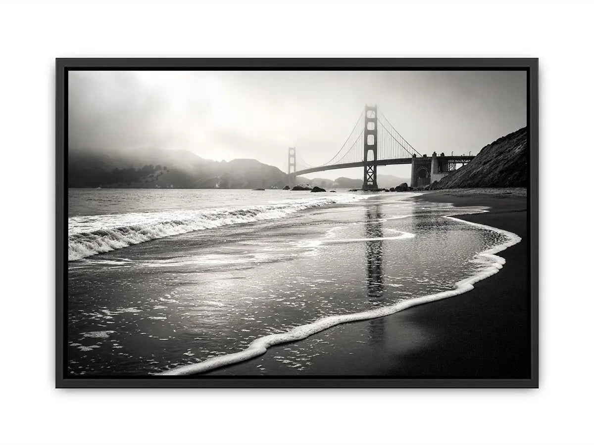 Minimal black and white coastal bridge wall art with misty beach waves and cinematic ocean landscape photography