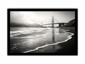 Minimal black and white coastal bridge wall art with misty beach waves and cinematic ocean landscape photography