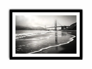 Minimal black and white coastal bridge wall art with misty beach waves and cinematic ocean landscape photography