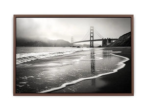 Minimal black and white coastal bridge wall art with misty beach waves and cinematic ocean landscape photography