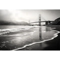 Minimal black and white coastal bridge wall art with misty beach waves and cinematic ocean landscape photography