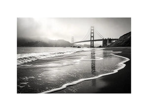 Minimal black and white coastal bridge wall art with misty beach waves and cinematic ocean landscape photography