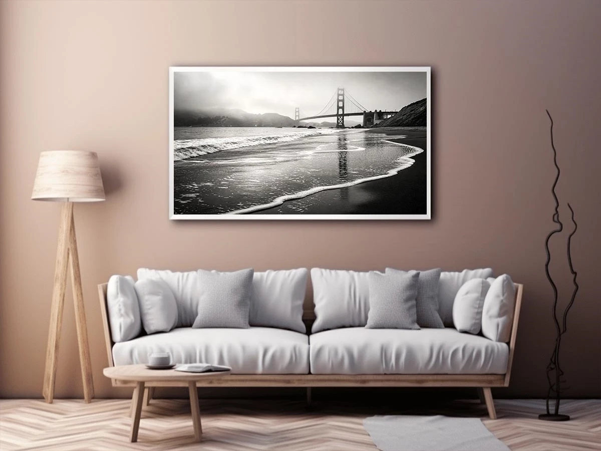 Minimal black and white coastal bridge wall art with misty beach waves and cinematic ocean landscape photography