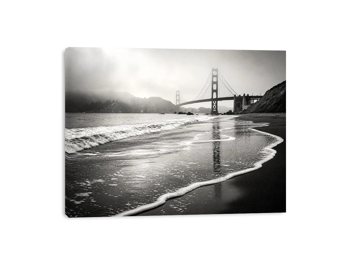 Minimal black and white coastal bridge wall art with misty beach waves and cinematic ocean landscape photography