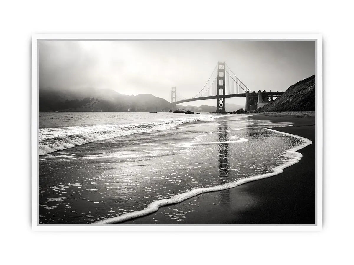 Minimal black and white coastal bridge wall art with misty beach waves and cinematic ocean landscape photography