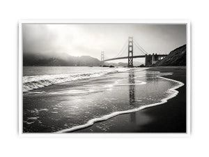 Minimal black and white coastal bridge wall art with misty beach waves and cinematic ocean landscape photography