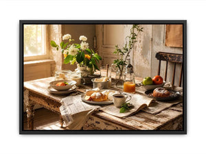 Rustic farmhouse breakfast table wall art with pastries coffee flowers and cozy natural morning light interior scene