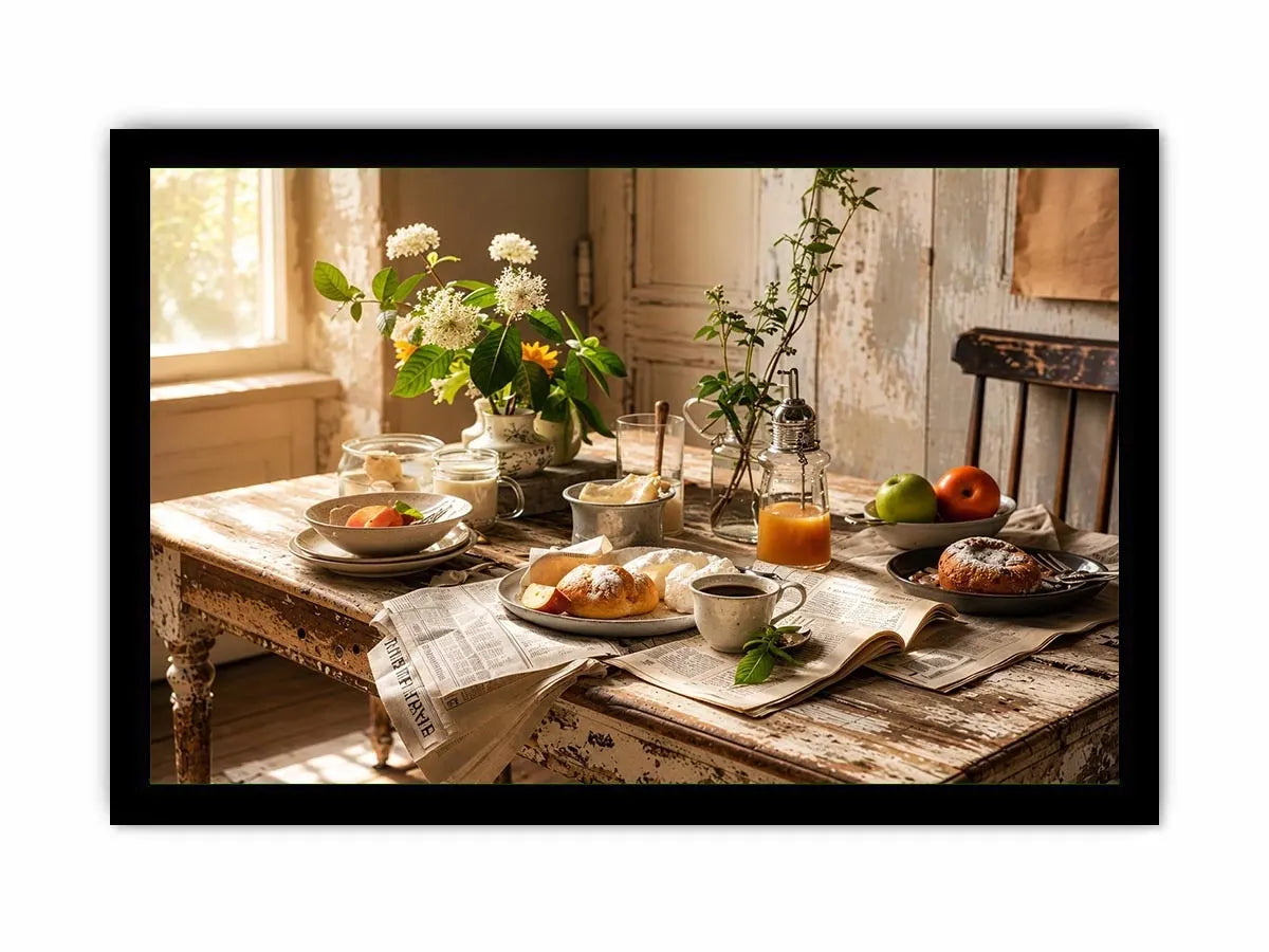 Rustic farmhouse breakfast table wall art with pastries coffee flowers and cozy natural morning light interior scene