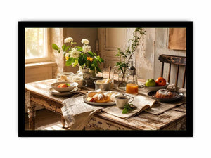 Rustic farmhouse breakfast table wall art with pastries coffee flowers and cozy natural morning light interior scene