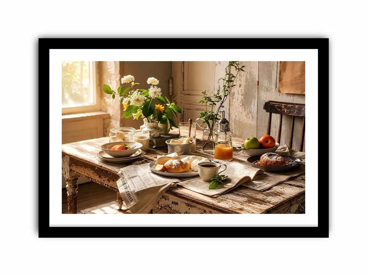 Rustic farmhouse breakfast table wall art with pastries coffee flowers and cozy natural morning light interior scene