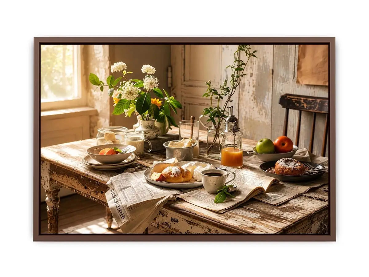 Rustic farmhouse breakfast table wall art with pastries coffee flowers and cozy natural morning light interior scene