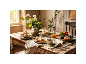 Rustic farmhouse breakfast table wall art with pastries coffee flowers and cozy natural morning light interior scene