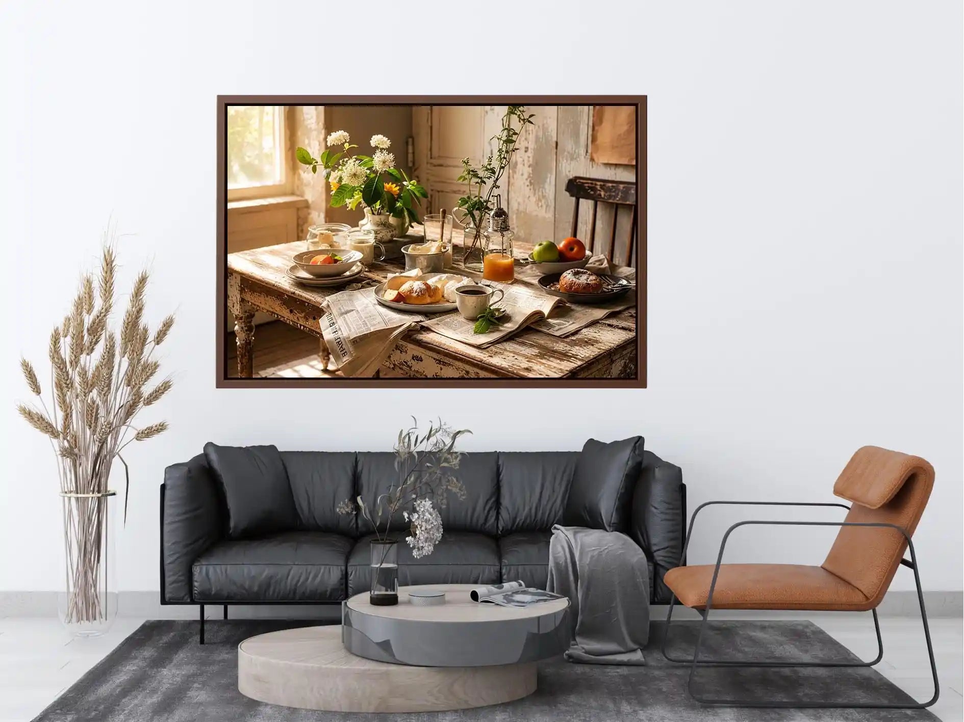 Rustic farmhouse breakfast table wall art with pastries coffee flowers and cozy natural morning light interior scene