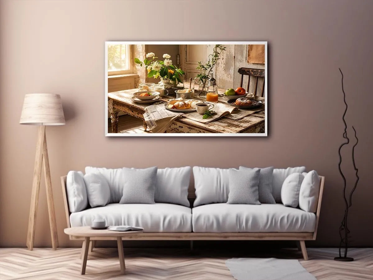 Rustic farmhouse breakfast table wall art with pastries coffee flowers and cozy natural morning light interior scene