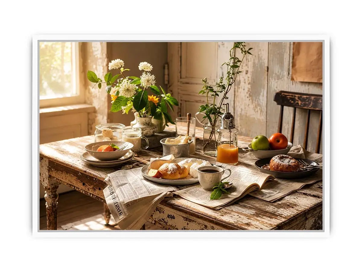 Rustic farmhouse breakfast table wall art with pastries coffee flowers and cozy natural morning light interior scene
