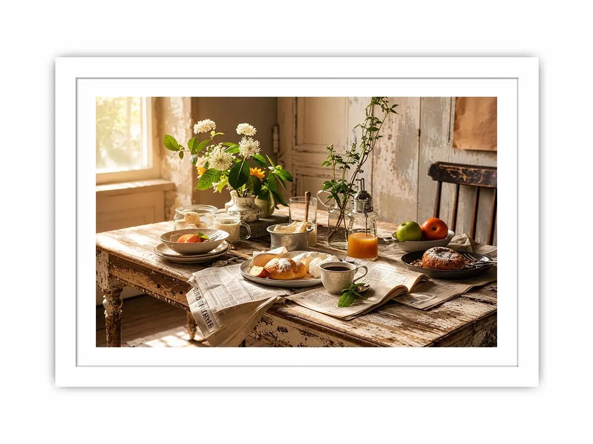 Rustic farmhouse breakfast table wall art with pastries coffee flowers and cozy natural morning light interior scene