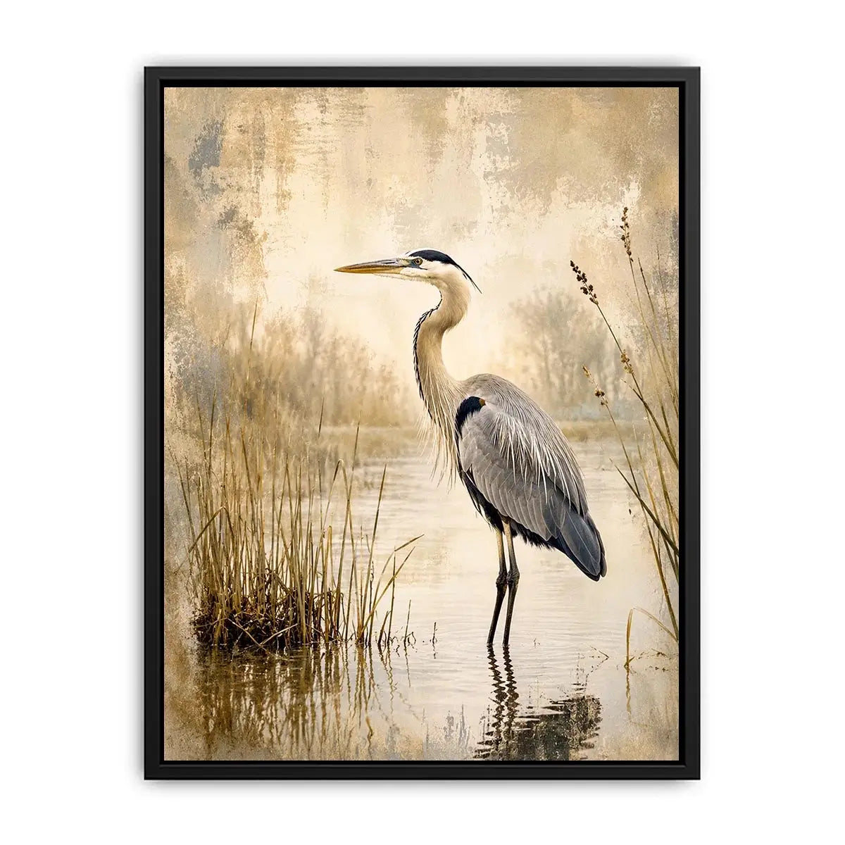 Vintage heron marsh wall art with soft neutral tones, textured wetlands, and elegant coastal bird illustration