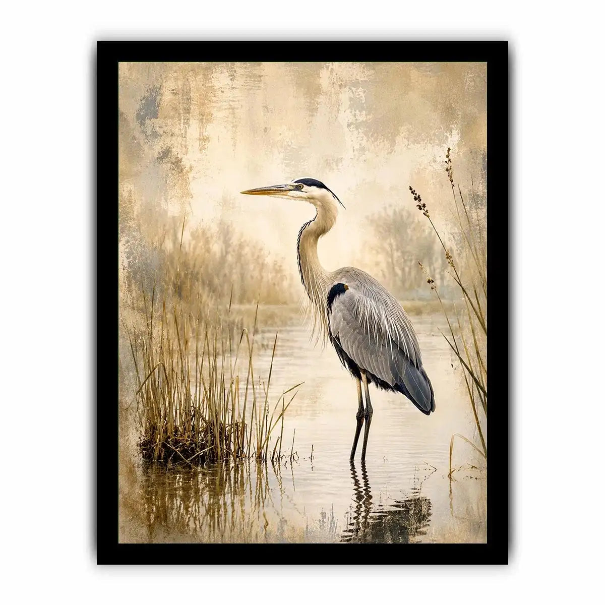Vintage heron marsh wall art with soft neutral tones, textured wetlands, and elegant coastal bird illustration