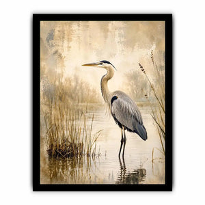 Vintage heron marsh wall art with soft neutral tones, textured wetlands, and elegant coastal bird illustration