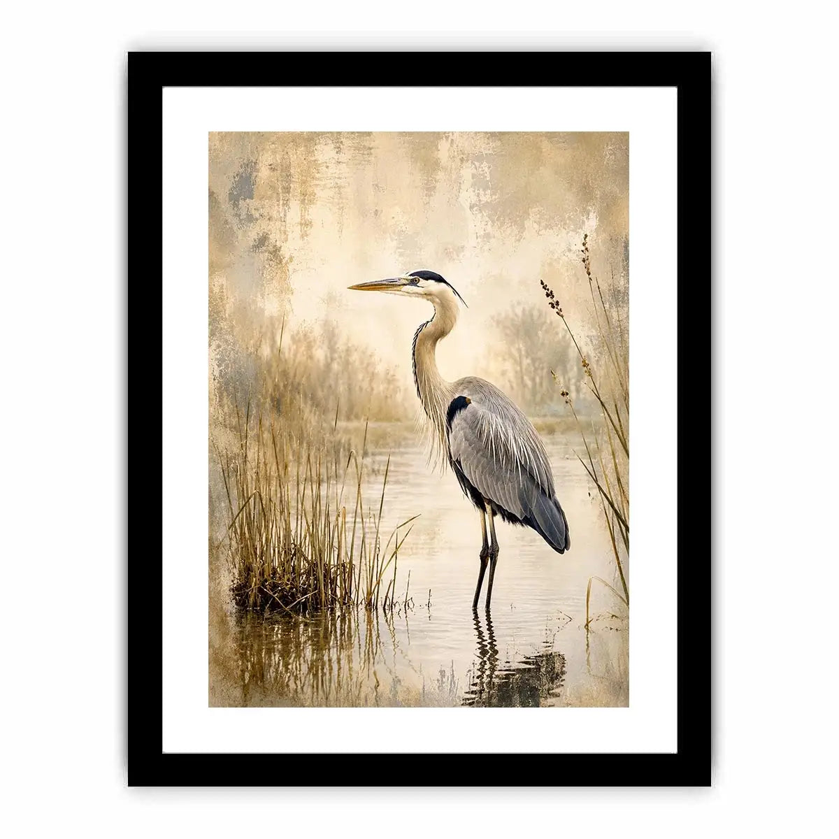 Vintage heron marsh wall art with soft neutral tones, textured wetlands, and elegant coastal bird illustration