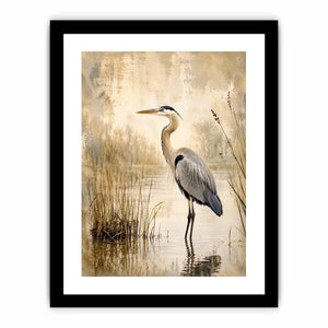 Vintage heron marsh wall art with soft neutral tones, textured wetlands, and elegant coastal bird illustration