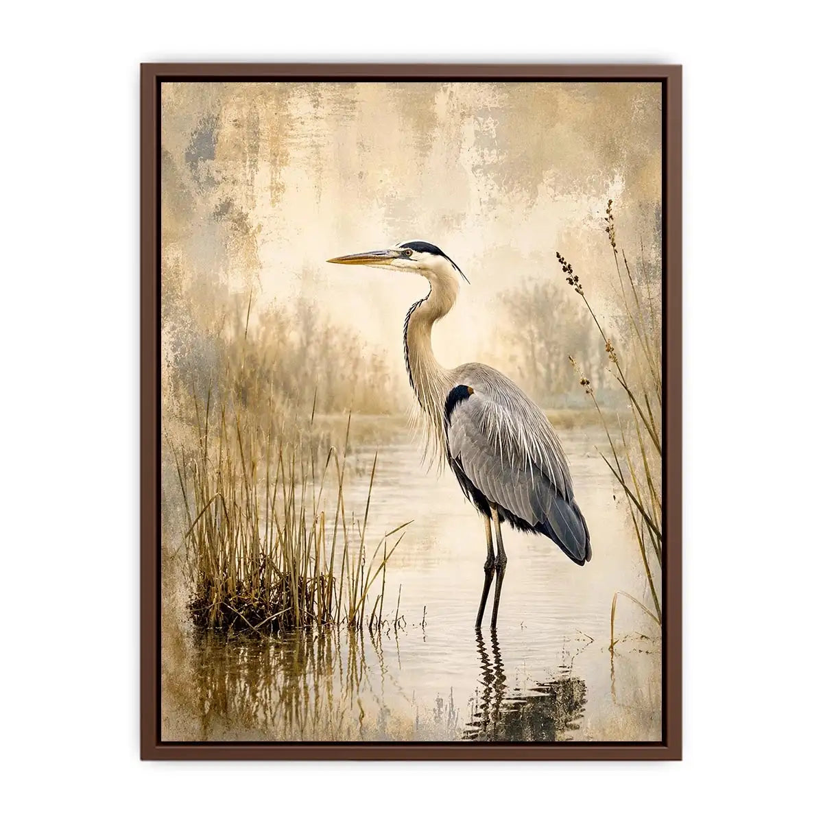 Vintage heron marsh wall art with soft neutral tones, textured wetlands, and elegant coastal bird illustration
