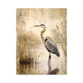 Vintage heron marsh wall art with soft neutral tones, textured wetlands, and elegant coastal bird illustration