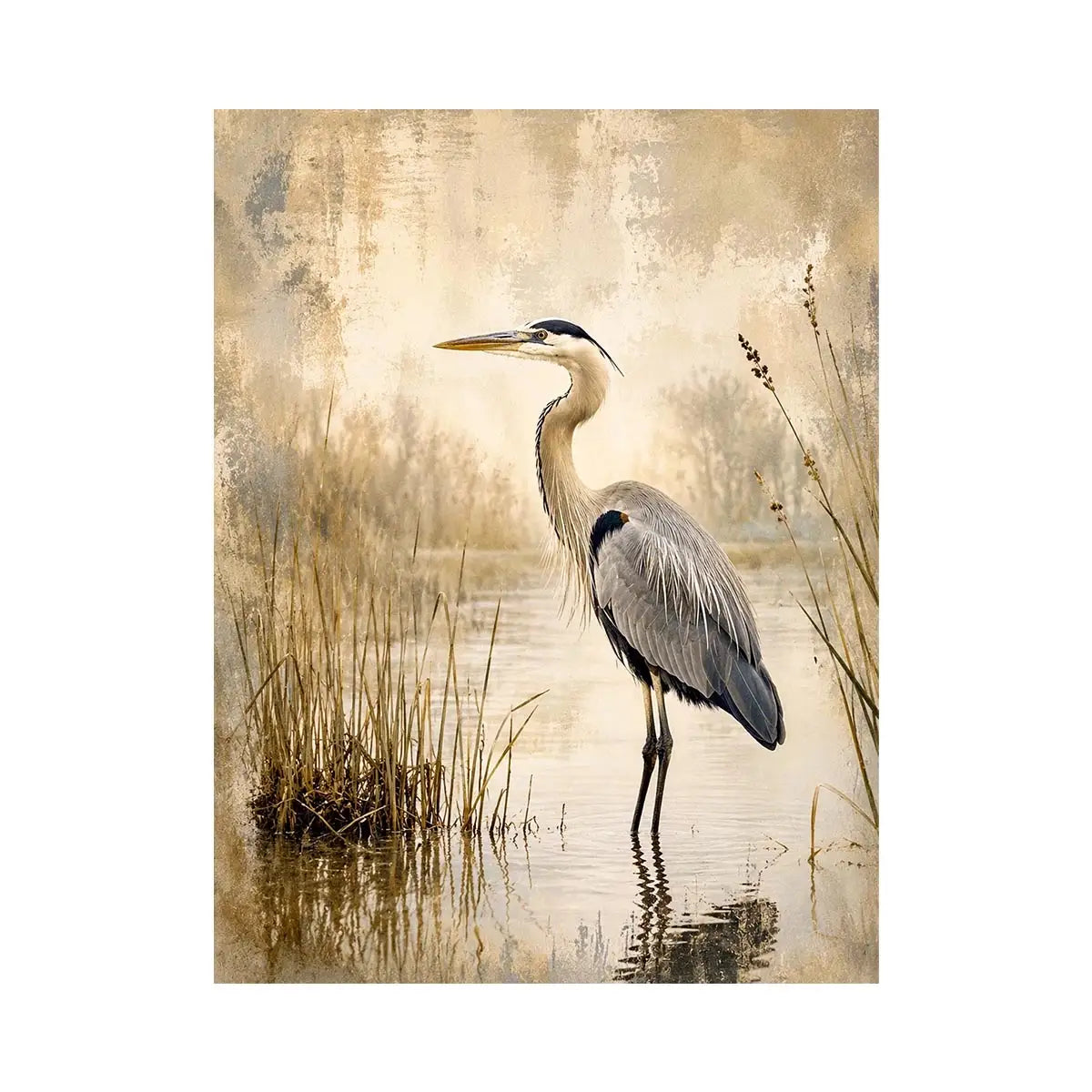 Vintage heron marsh wall art with soft neutral tones, textured wetlands, and elegant coastal bird illustration