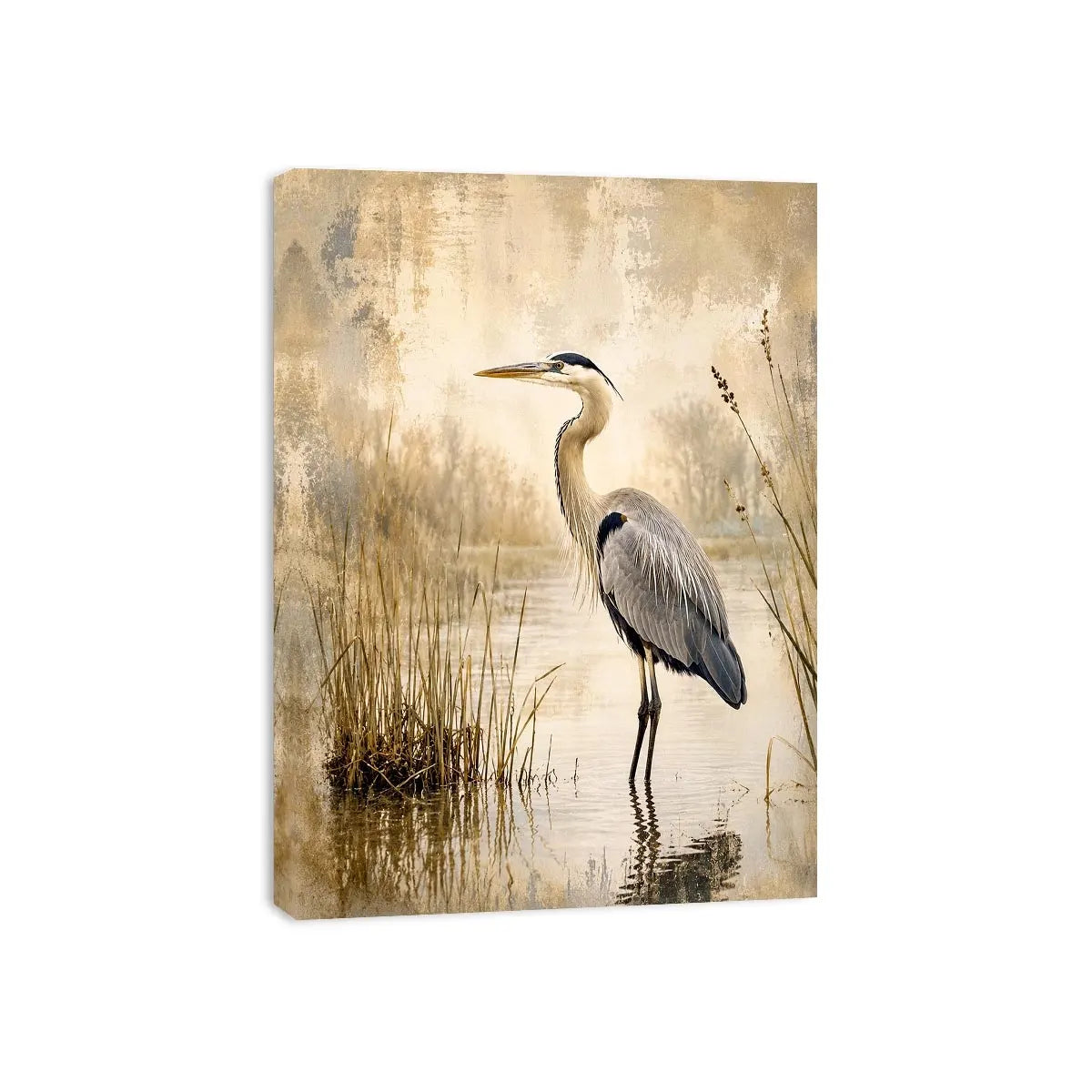 Vintage heron marsh wall art with soft neutral tones, textured wetlands, and elegant coastal bird illustration