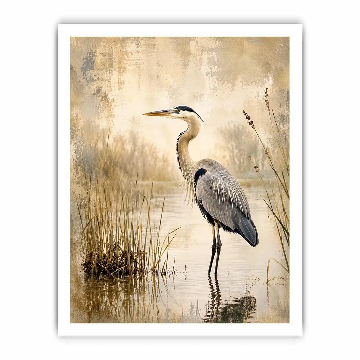 Vintage heron marsh wall art with soft neutral tones, textured wetlands, and elegant coastal bird illustration